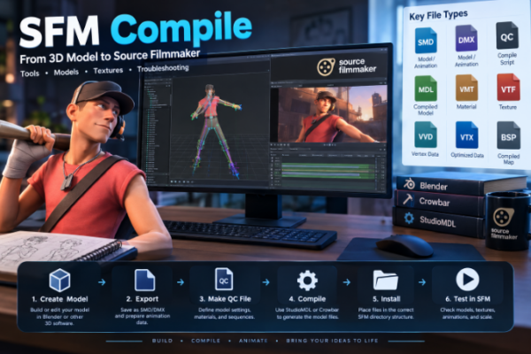 SFM compile workflow showing 3D model creation, QC scripts, model compilation, textures, and Source Filmmaker tools